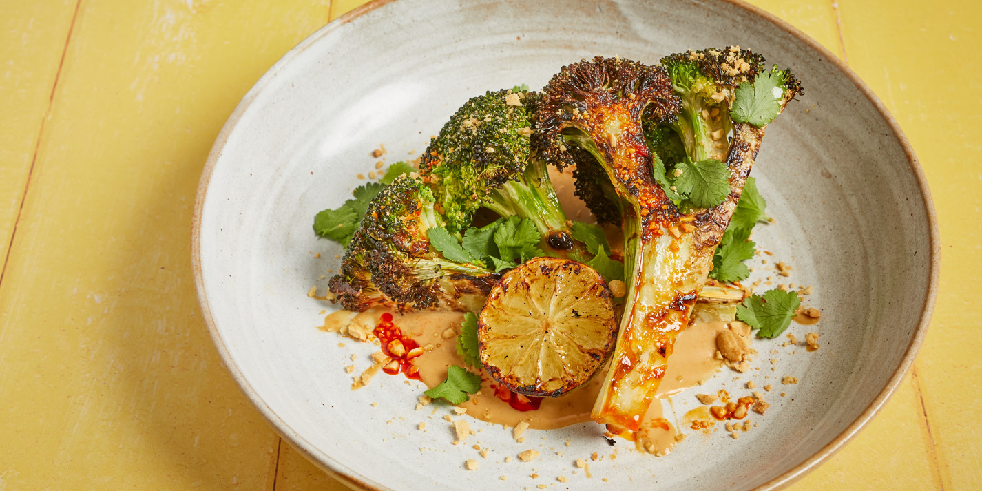 image of Barbecued Broccoli With Satay Sauce, Charred Lime, Smoked Peanut, Coriander recipe by Great British Chefs
