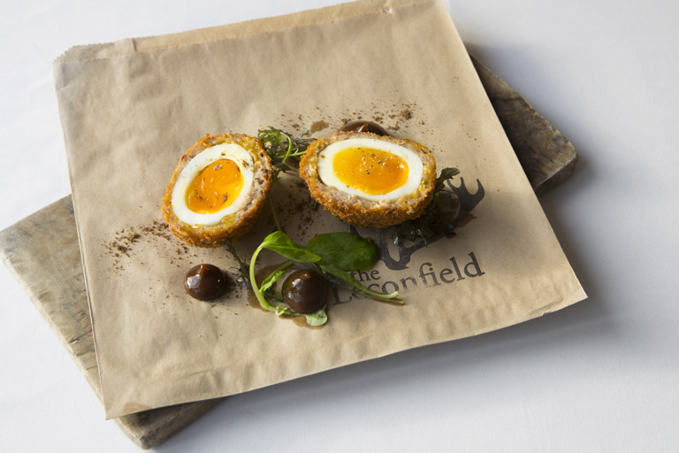 Chestnut, turkey scotch egg with spiced plum ketchup