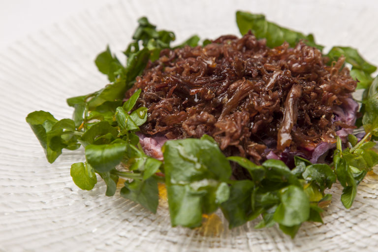 Crispy duck with red cabbage coleslaw and orange watercress salad