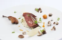 Pigeon and Roquefort risotto, Asian pear and mushrooms à la Grecque