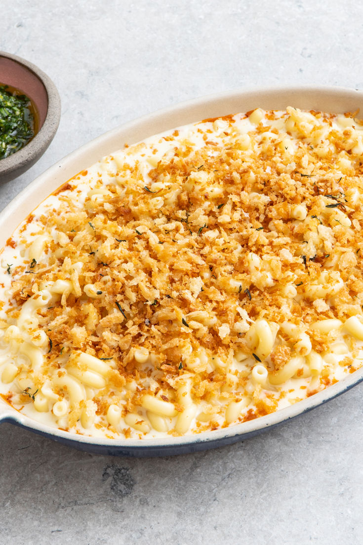 Veal Shin Osso Buco with Gruyère Macaroni and Cheese Topping, a Bone