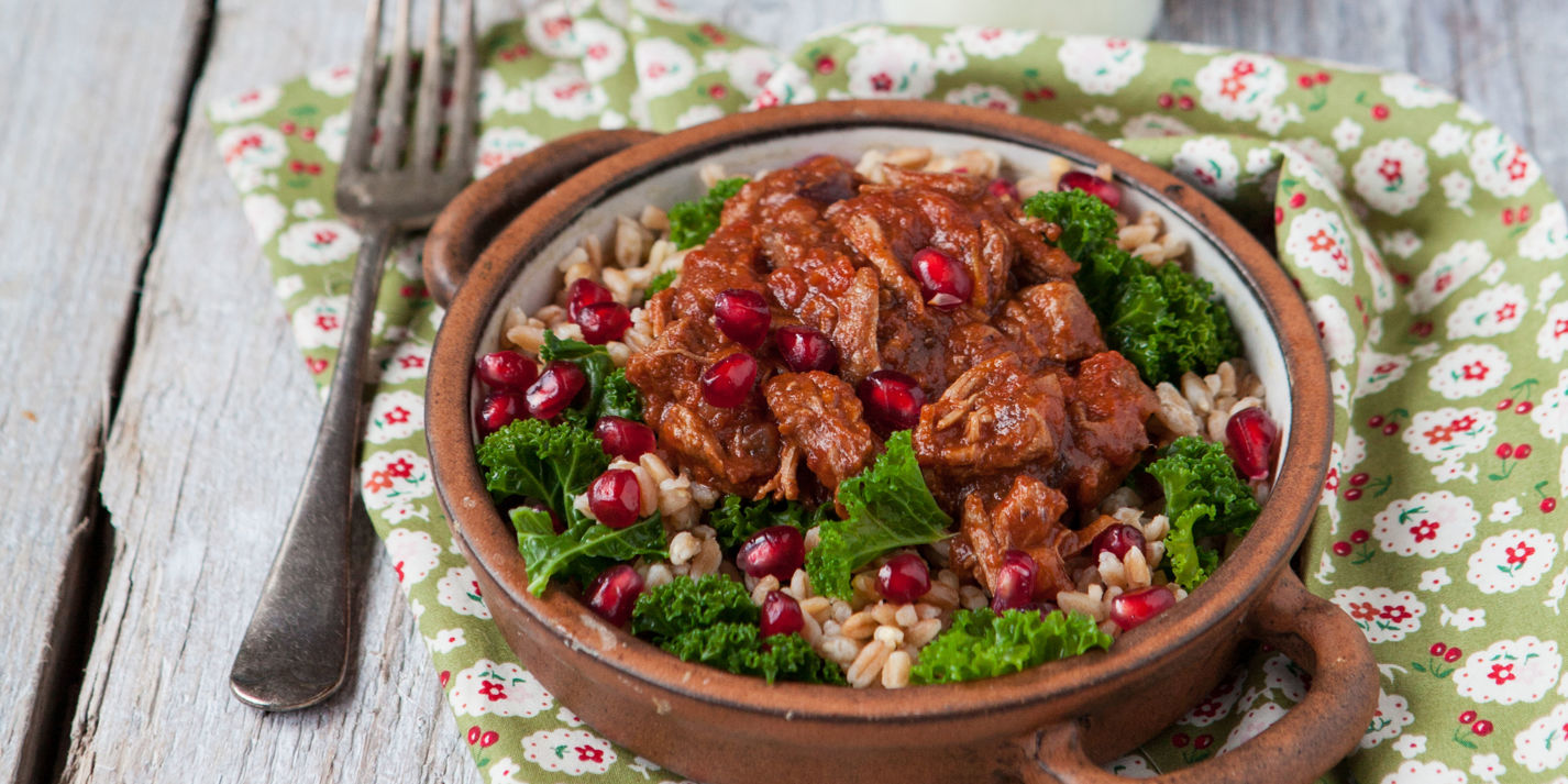 Spelt with Kale, Pulled Beef and Pomegranate Seeds Great British Chefs