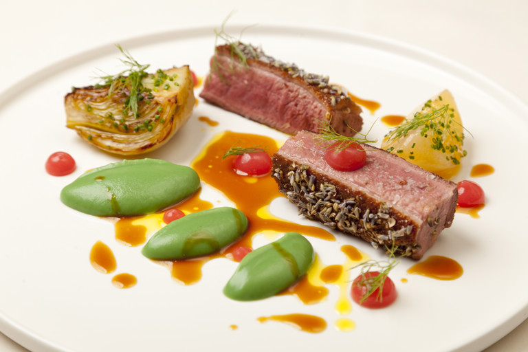Duck breast with lavender, fennel purée and peach purée