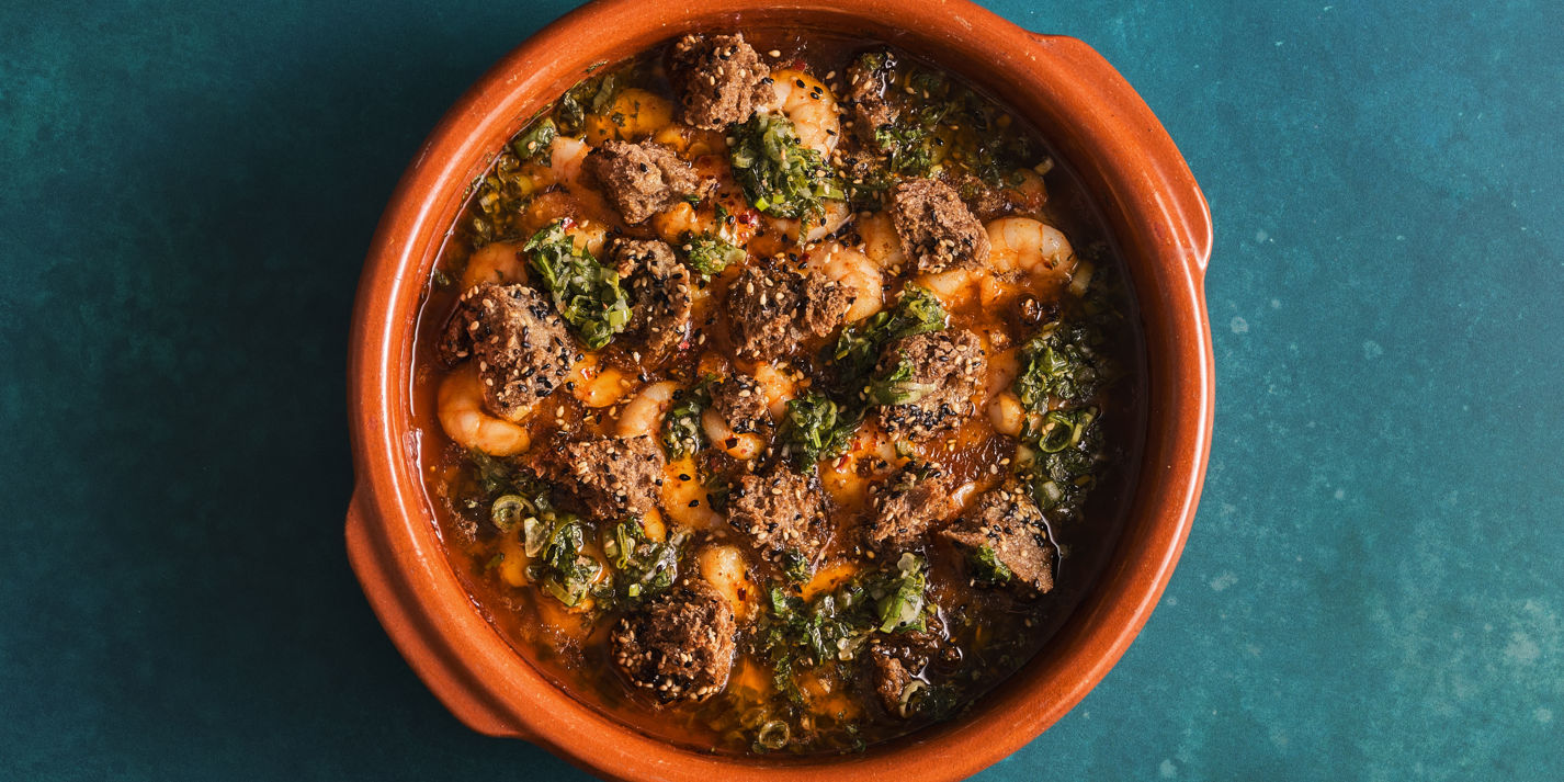 Gambas Pil Pil with Tarragon and Preserved Lemon Salsa and Sesame Croutons Recipe - Great British Ch