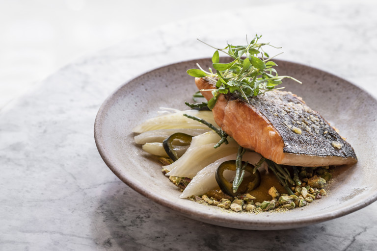 Trout with sour plum, confit fennel and pickled jalapeños