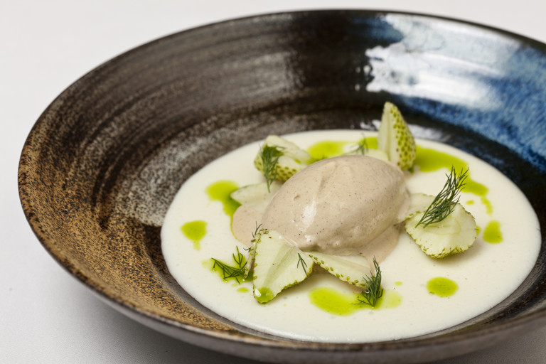 Jellied “Koldskaal” and green strawberries, liquorice ice cream and dill