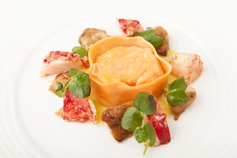 Lobster tortelloni, roast chicken wings and sweetcorn purée