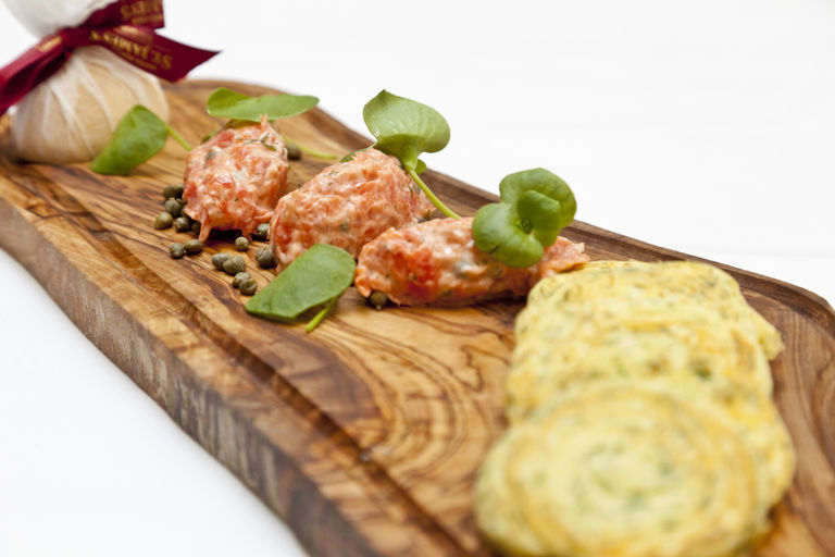 Alaska salmon rillettes with dill-scented potato pancakes, lemon and capers