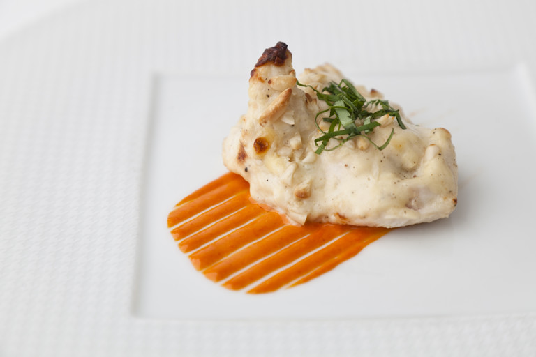 Gratinated pine nut-basil chicken with saffron mayo