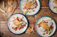 Baked mackerel with salsa and fishy crisps