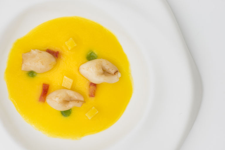 Provolone and ricotta-stuffed squid with yellow pepper sauce