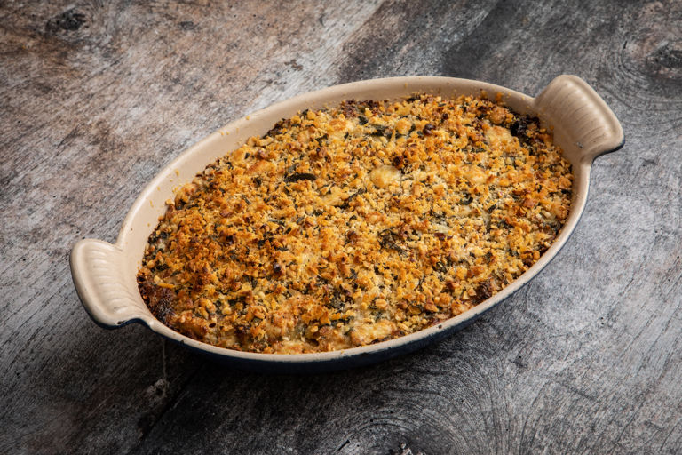 Artichoke, pancetta and spinach gratin topped with a walnut crunch
