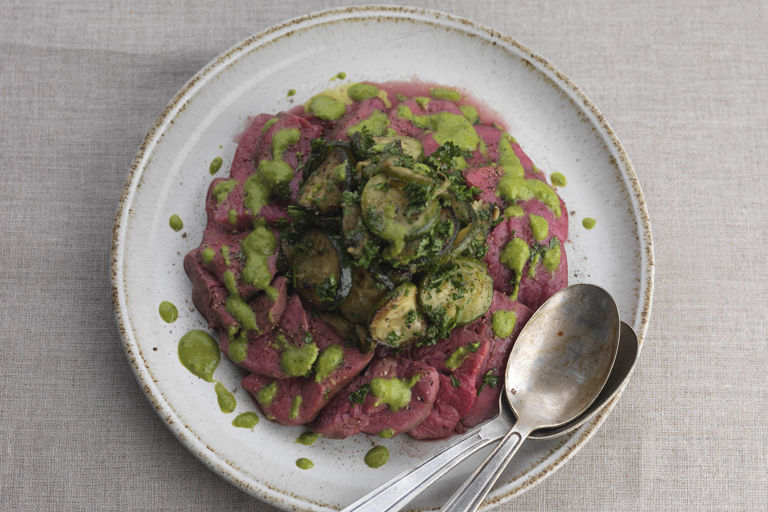 Poached fillet of beef with salsa verde