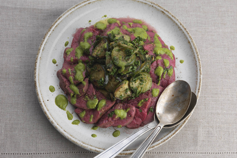 Poached fillet of beef with salsa verde