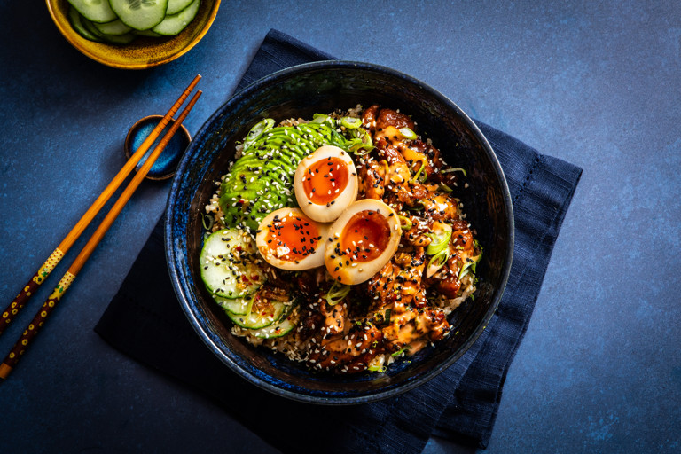 Korean rice bowls with mayak eggs, soy-glazed chicken and avocado