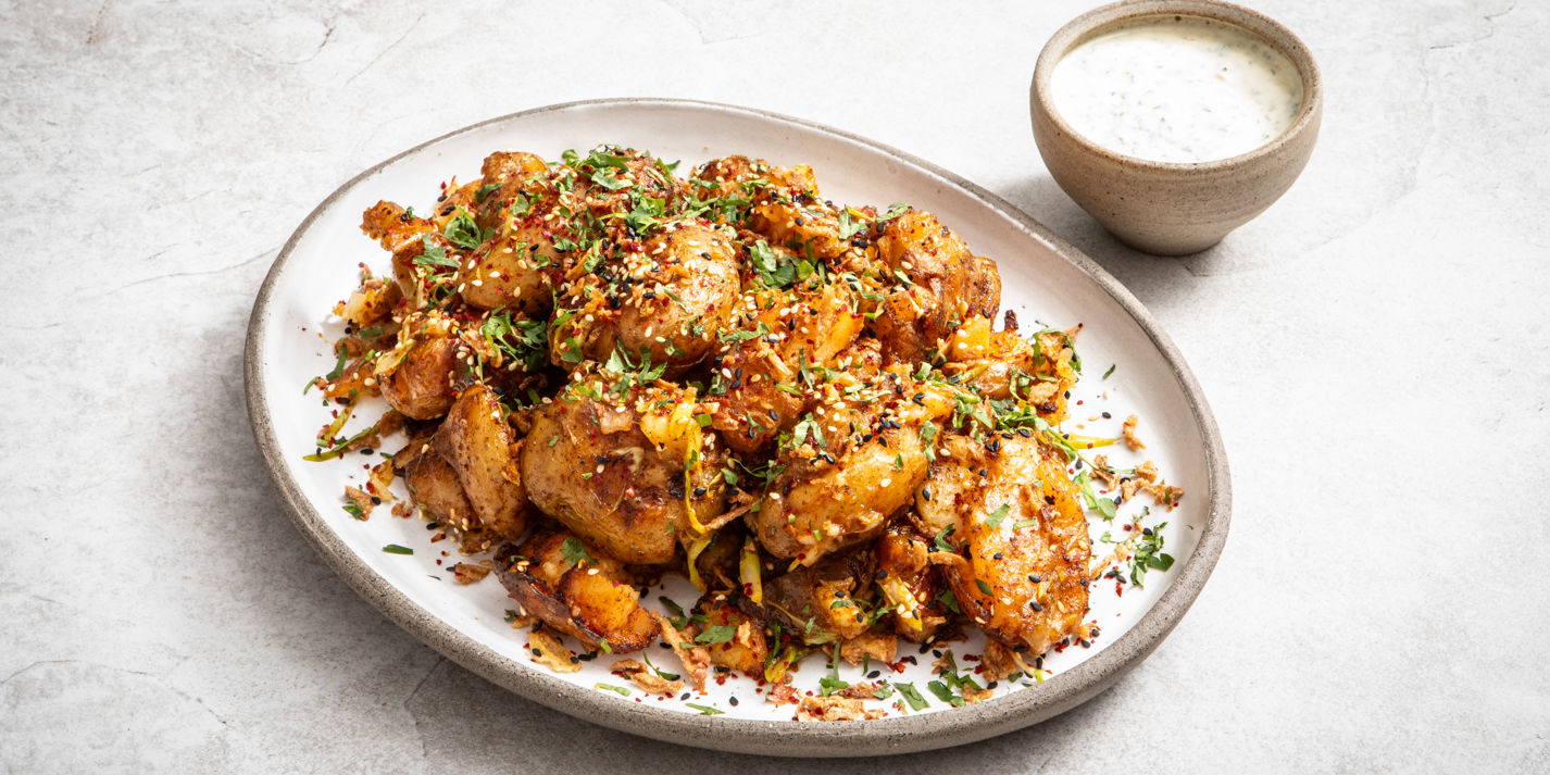 Smashed Potatoes With Lime And Chilli Chutney And Herby Yoghurt Dip Recipe - Great British Chefs