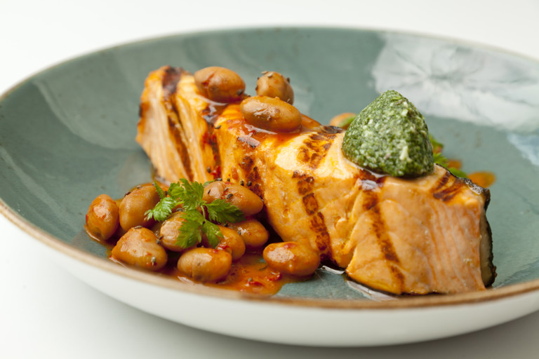 Grilled Alaska salmon with borlotti beans and ‘nduja