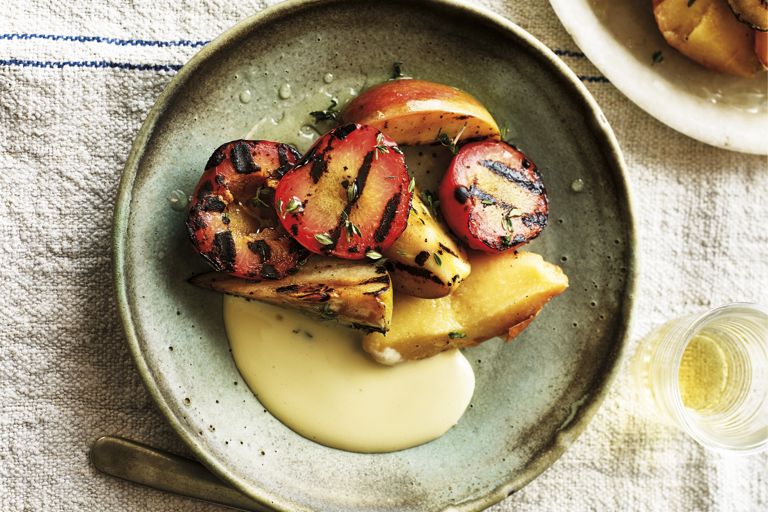 Grilled and barbecued autumn fruit with honey sabayon and thyme