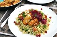 Marinated halloumi with a mint, pomegranate and red onion relish and bulgur wheat salad 