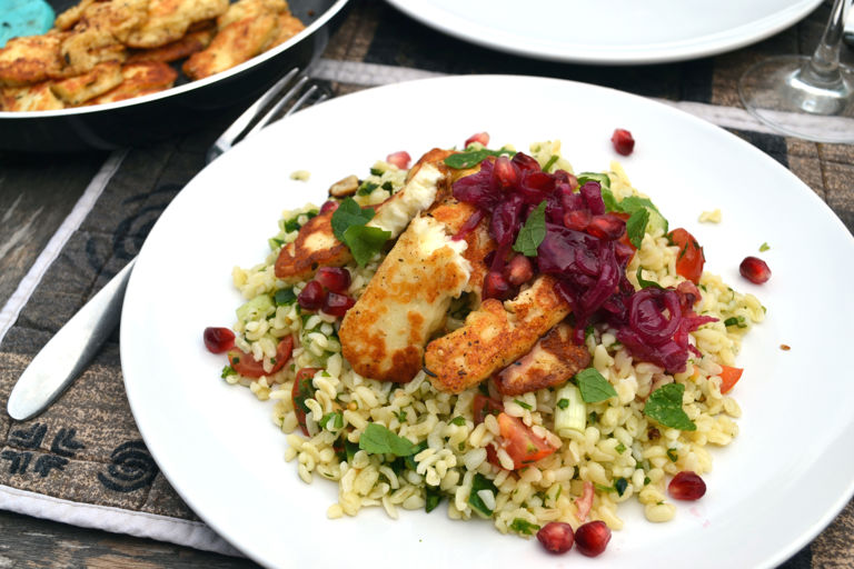 Marinated halloumi with a mint, pomegranate and red onion relish and bulgur wheat salad 