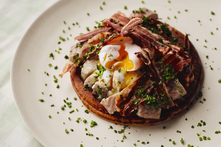 Potato pancakes, smoked eel, poached eggs and horseradish