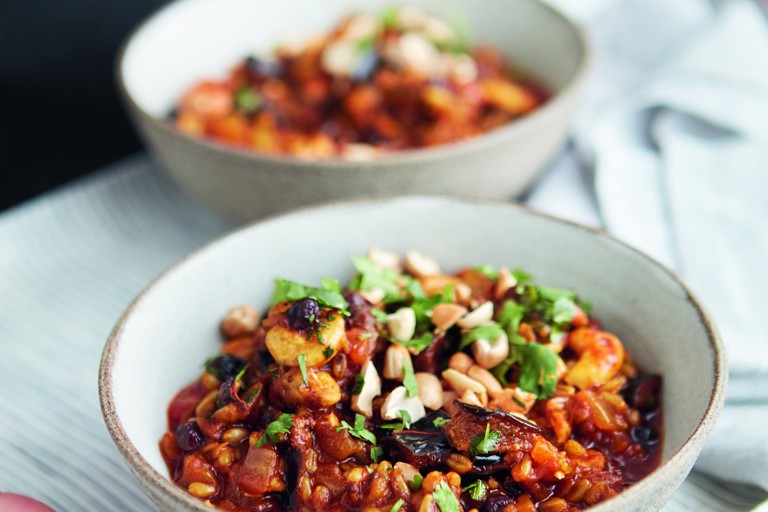Aubergine, freekeh and cashew tagine