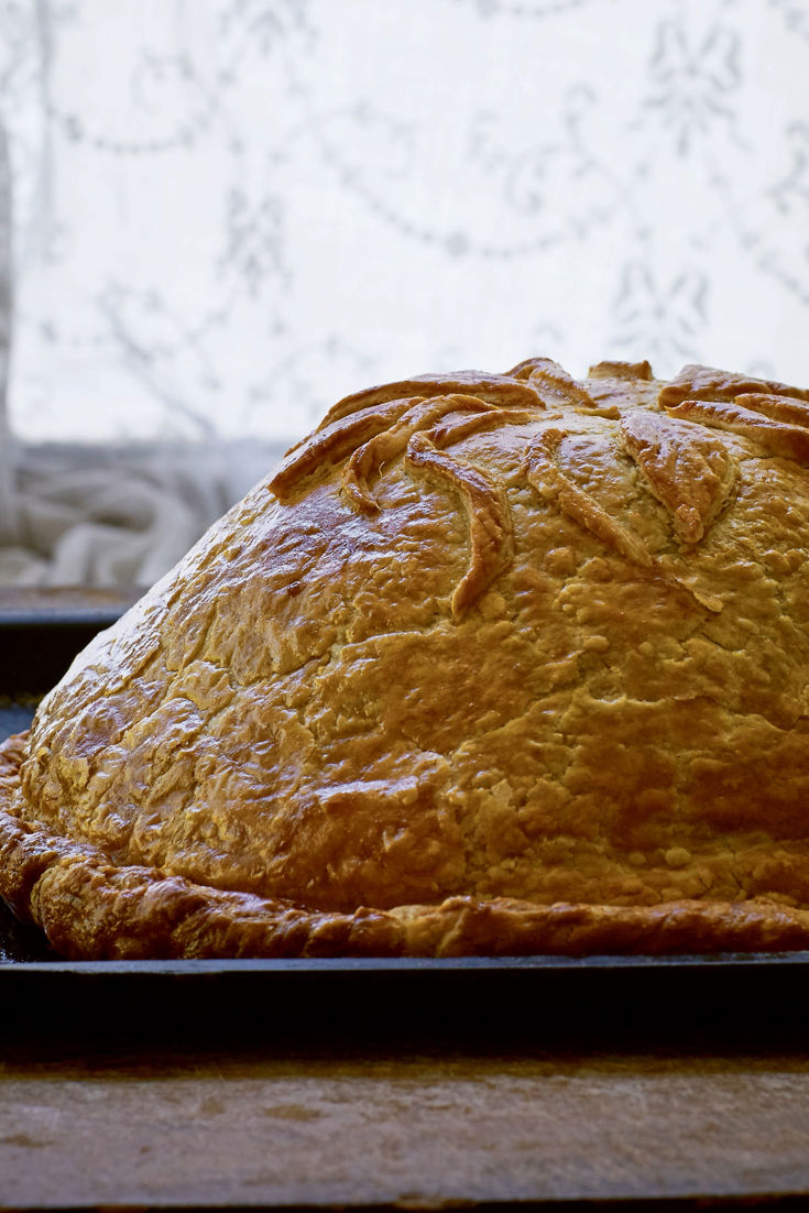 Traditional Russian pancakes pie - kurnik. Stock Photo