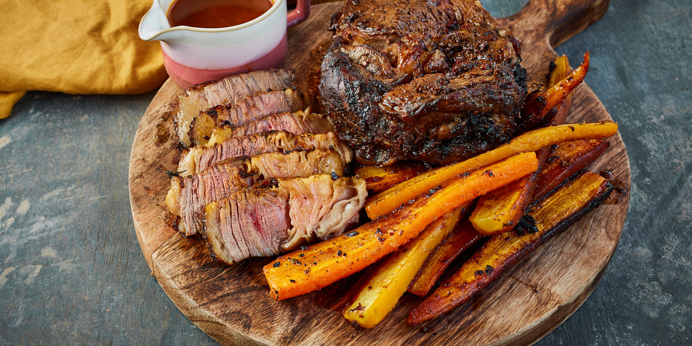 Black garlic and chipotle roast beef with beef dripping carrots