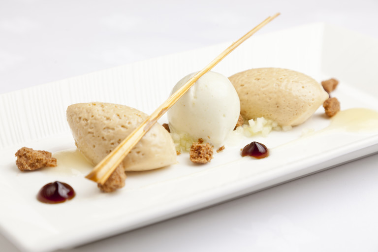 Caramelised white chocolate mousse with variations of apple, muscovado and cinnamon