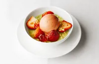 Strawberry and champagne sorbet with basil cream and vanilla shortbread