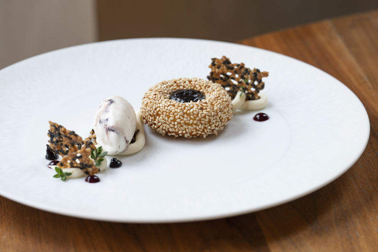 'Turkish Breakfast' – yoghurt and sesame cake with sour cherry and black olive caramel