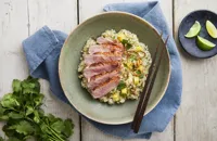 Duck breast with red curry-infused jasmine rice