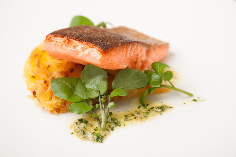 Pan-fried fjord trout with celeriac and pancetta galette