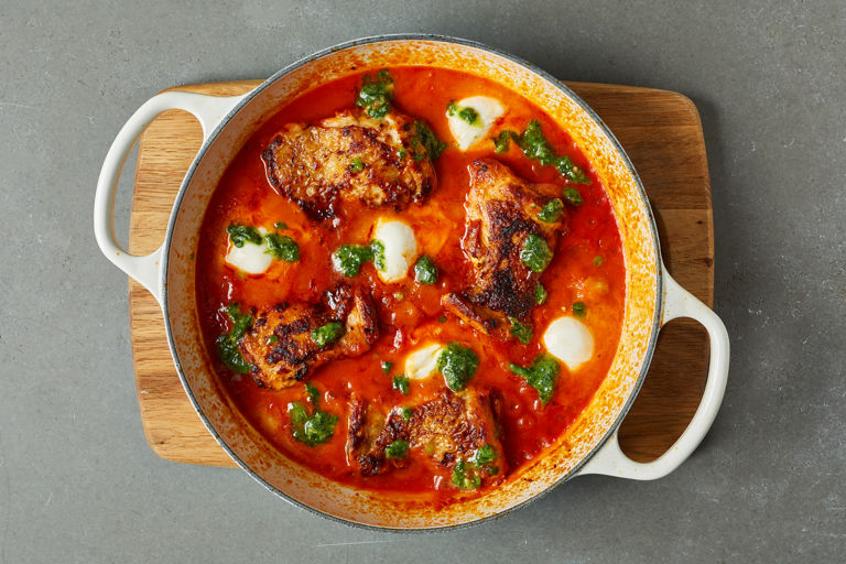 'Nduja chicken thighs with tomato, mozzarella and pesto