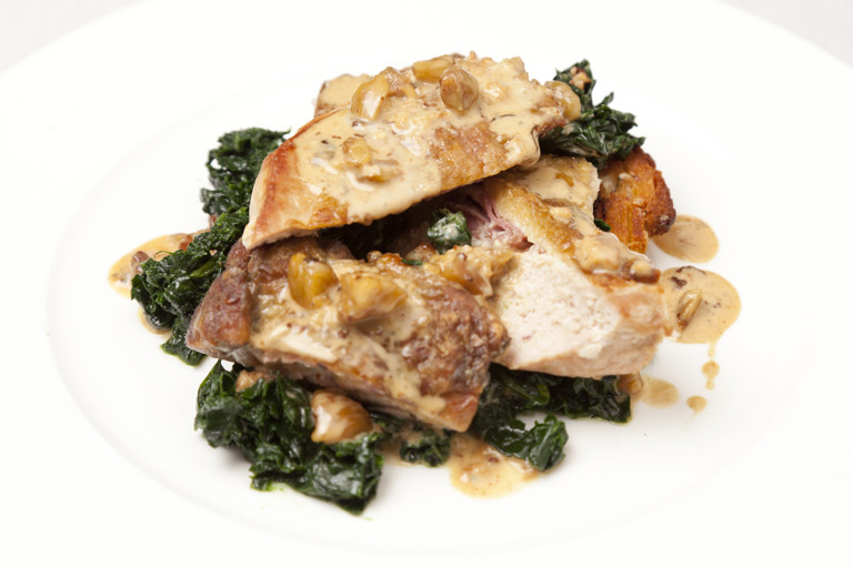 Gorgonzola-stuffed guinea fowl with cavolo nero and chestnuts