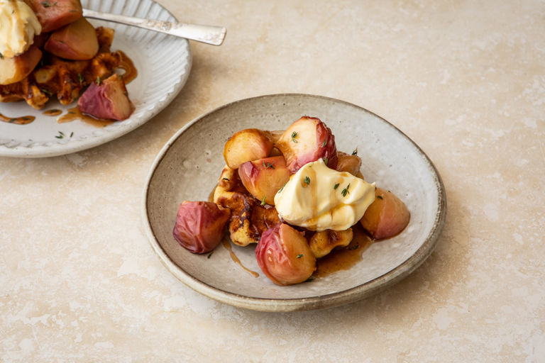 ​​Roasted peach waffles with clotted cream and iced tea syrup 