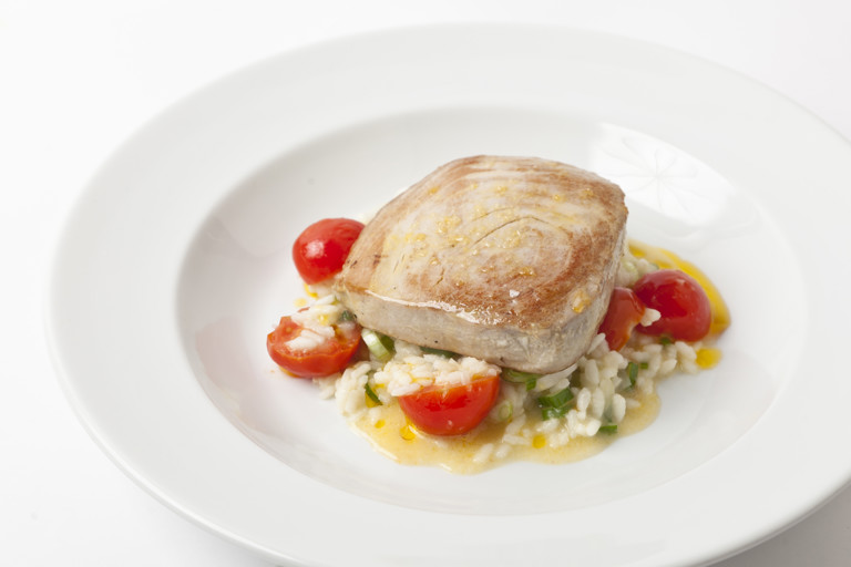 Roast tomato and spring onion risotto with seared tuna