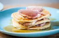Pancakes with roast ham and maple syrup