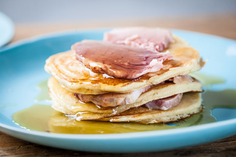 Pancakes with roast ham and maple syrup