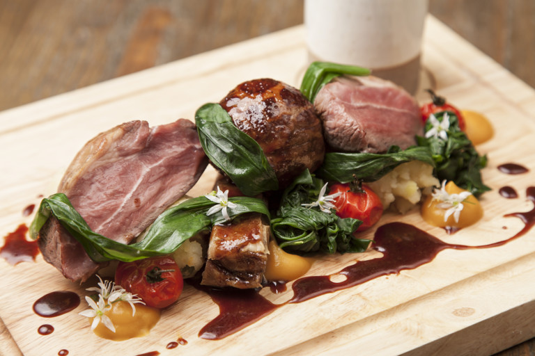 New season Cotswold reared Lamb `mixed grill` with wild garlic, asparagus and a rosemary flavoured lamb gravy
