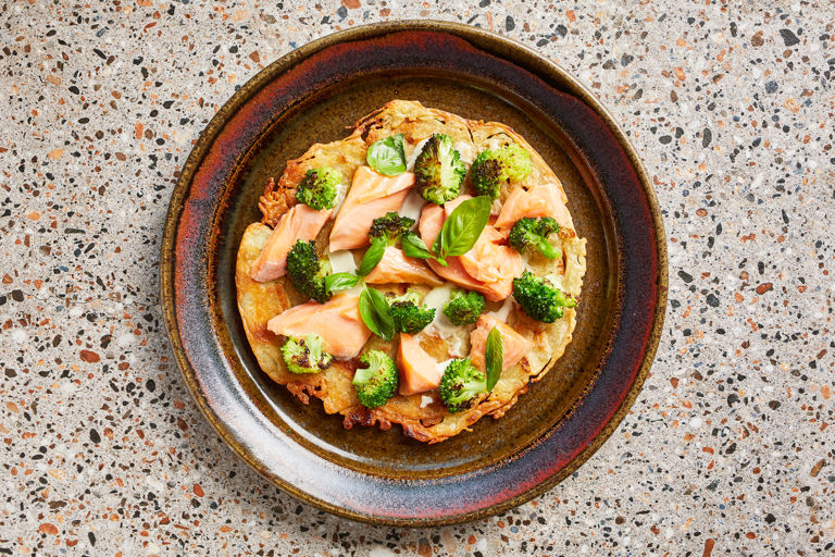 Olive oil-poached trout and broccoli with chickpea pancakes 
