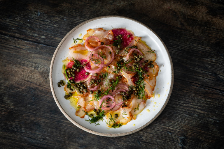 Chilli-cured monkfish with pink pickled onions