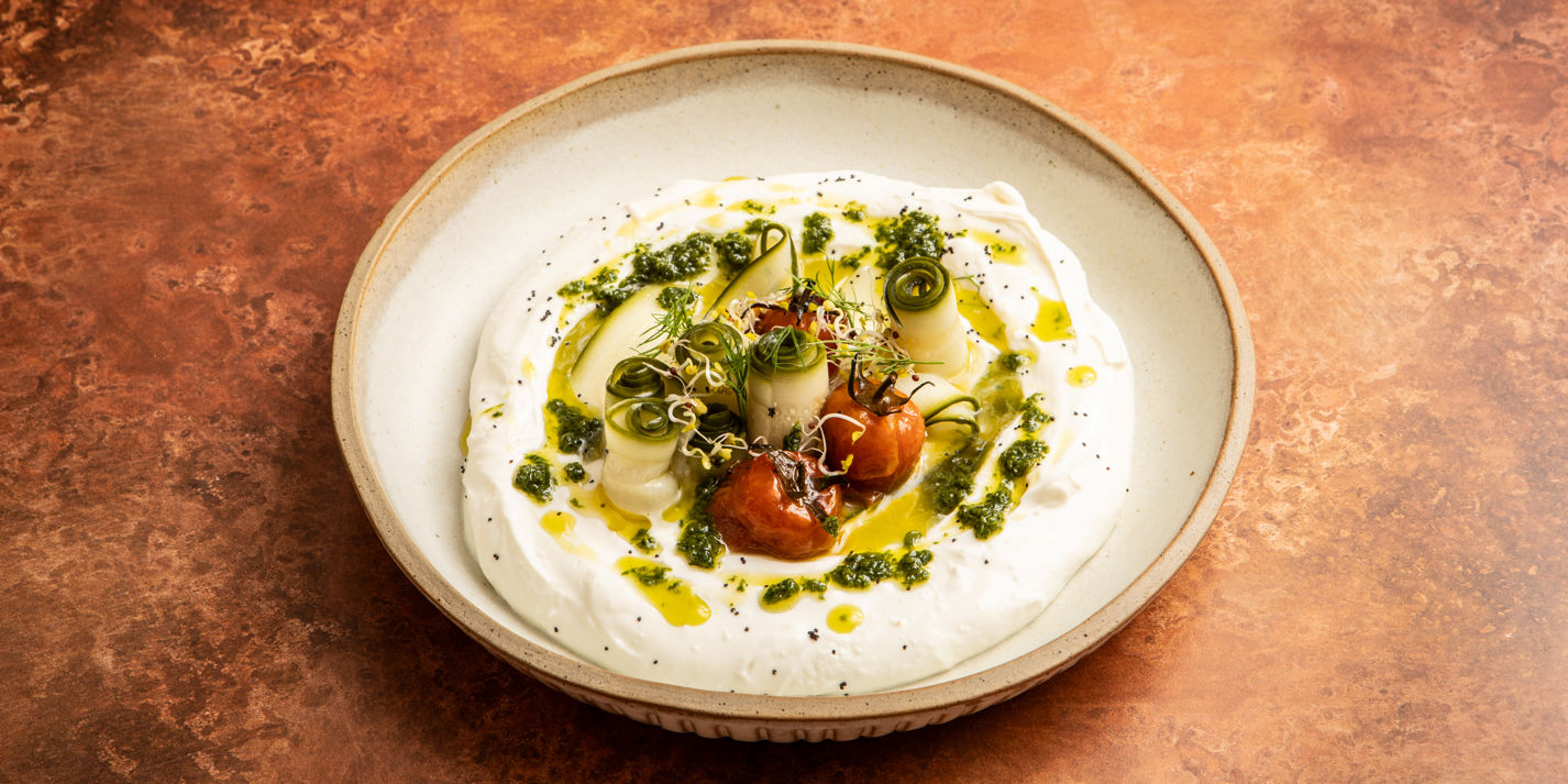 Pickled Cucumber With Whipped Goat's Cheese, Confit Tomatoes and Basil - Great British Chefs