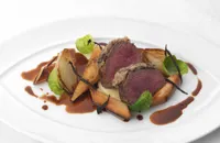 Black olive crusted Sika venison with salsify and parsnip