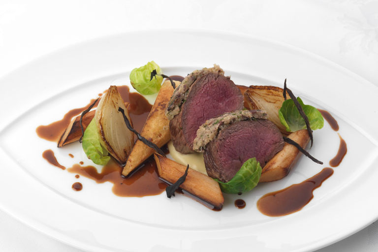 Black olive crusted Sika venison with salsify and parsnip