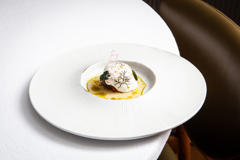 Roasted figs with fig leaf crémeux, fromage blanc espuma and verjus