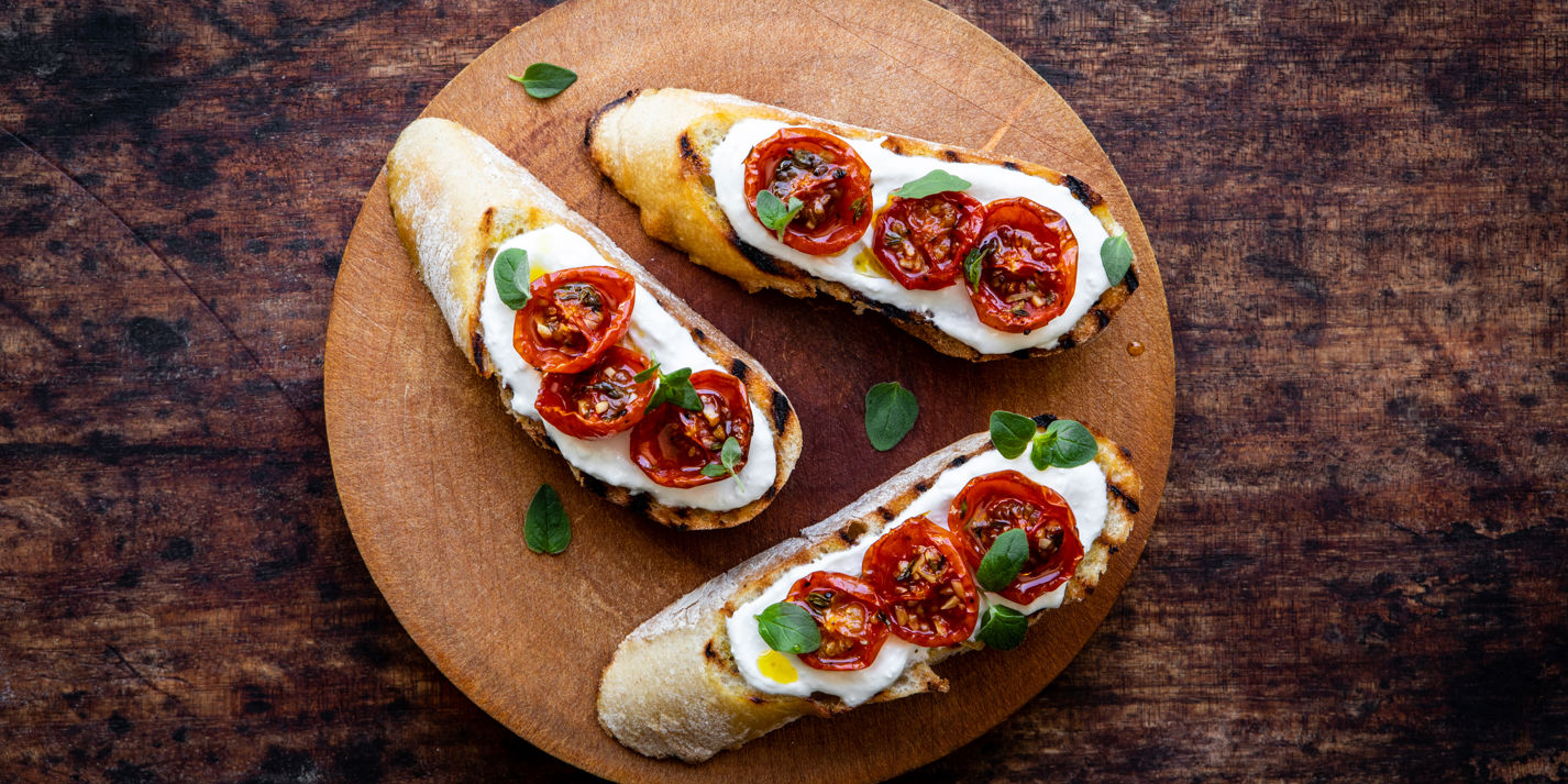 Bruschetta with Whipped Feta and Semi-dried Piccolo Cherry Tomatoes Recipe - Great British Chefs