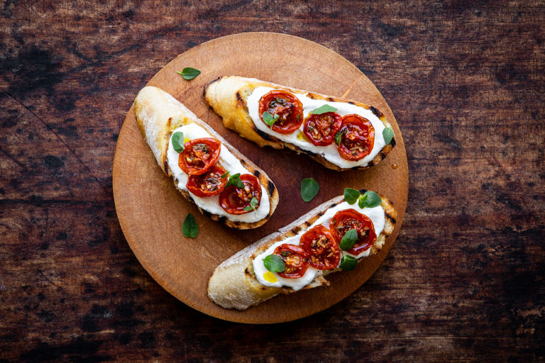 Bruschetta with whipped feta and semi-dried Piccolo cherry tomatoes