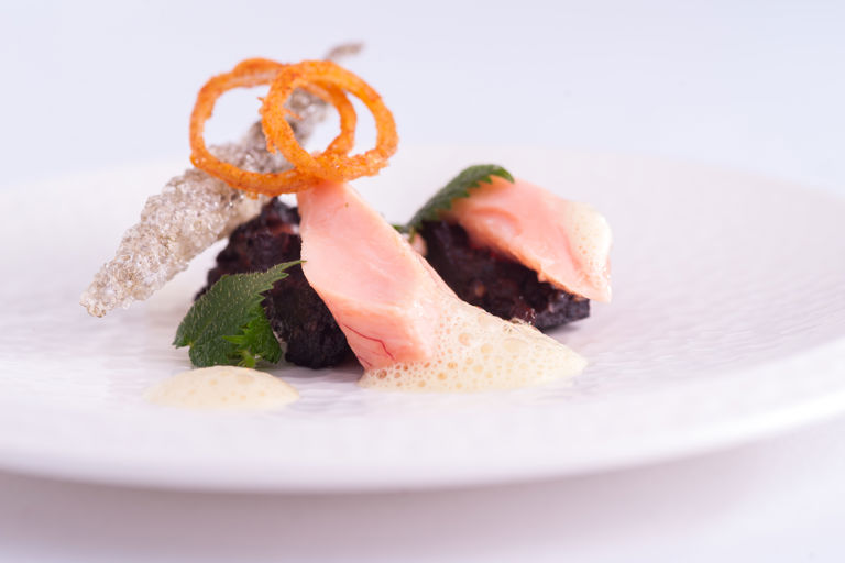 Black Pudding & Buttered Pink Trout, Mustard & Nettle Sauce
