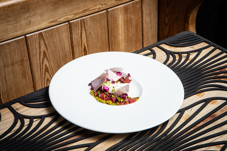 Mastic labneh mousse, pistachio kataifi and rhubarb sorbet